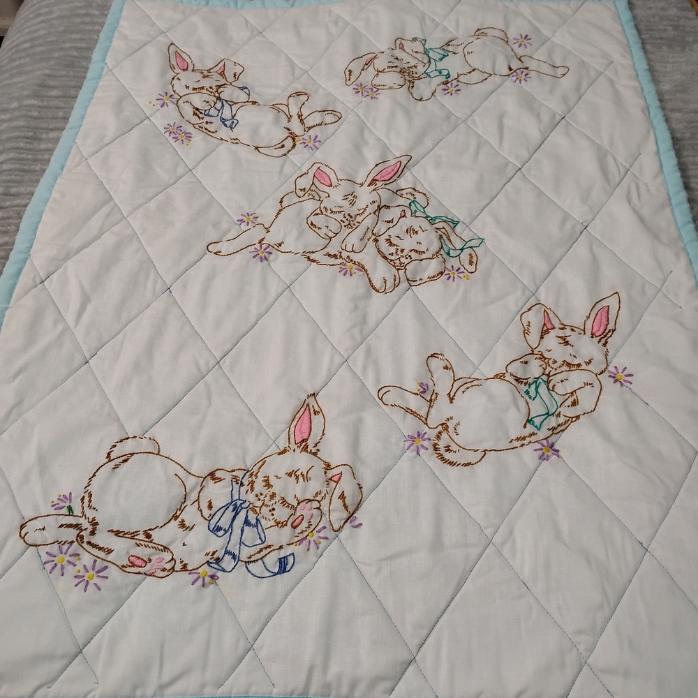 Vintage Hand Embroidered Baby Blanket Sleeping Bunnies Crib Blanket Handmade